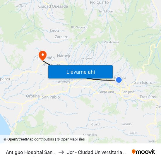 Antiguo Hospital San Vicente De Paul to Ucr - Ciudad Universitaria Carlos Monge Alfaro map