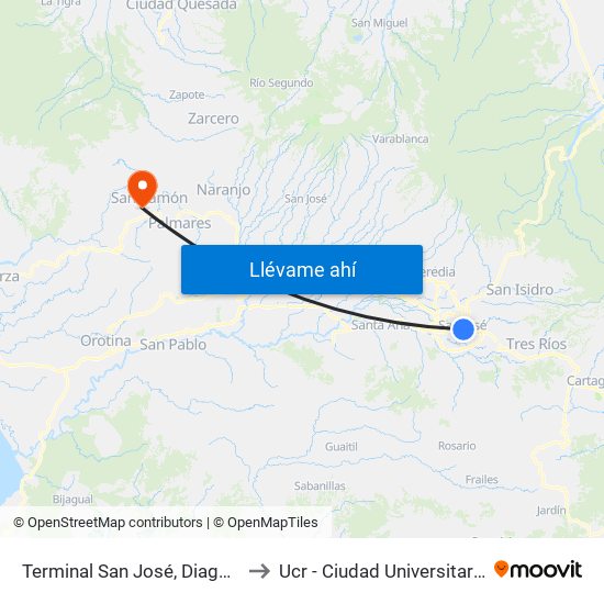 Terminal San José, Diagonal Plazoleta Tiradentes to Ucr - Ciudad Universitaria Carlos Monge Alfaro map