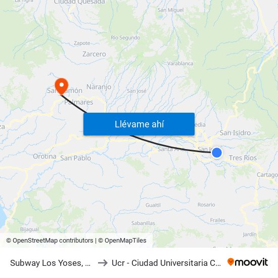 Subway Los Yoses, Montes De Oca to Ucr - Ciudad Universitaria Carlos Monge Alfaro map