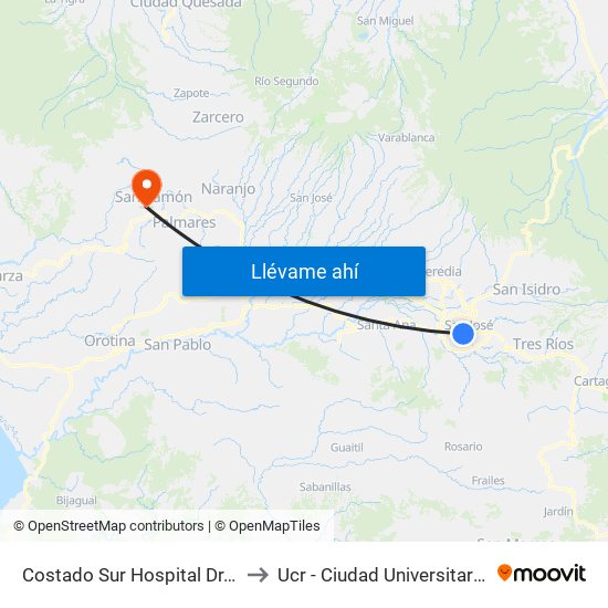 Costado Sur Hospital Dr. Raúl Blanco Cervantes to Ucr - Ciudad Universitaria Carlos Monge Alfaro map