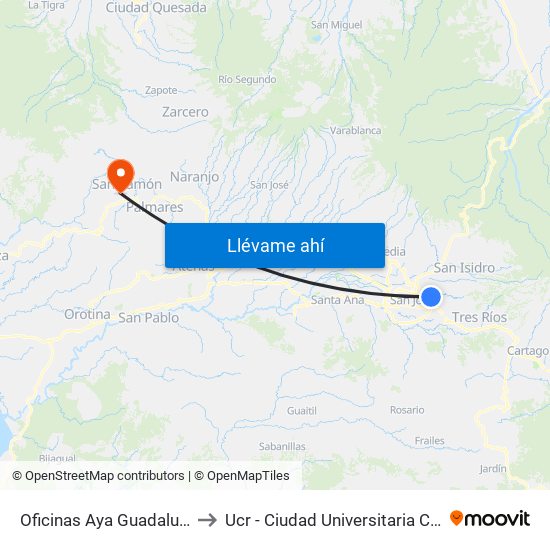 Oficinas Aya Guadalupe, Goicoechea to Ucr - Ciudad Universitaria Carlos Monge Alfaro map