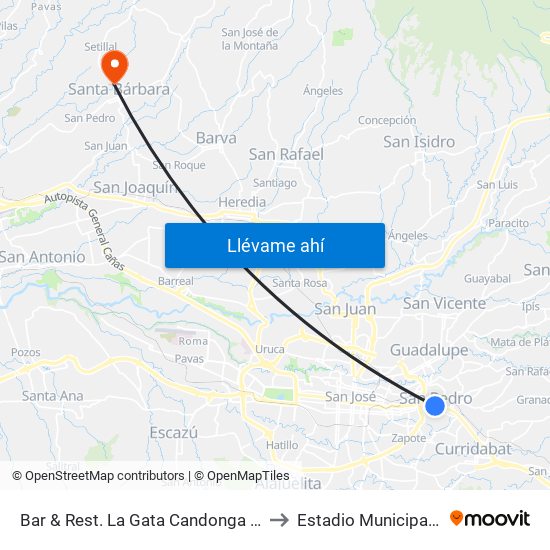 Bar & Rest. La Gata Candonga San Pedro, Montes De Oca to Estadio Municipal Carlos Alvarado map