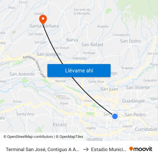 Terminal San José, Contiguo A Agencia Western Union Avenida Segunda to Estadio Municipal Carlos Alvarado map