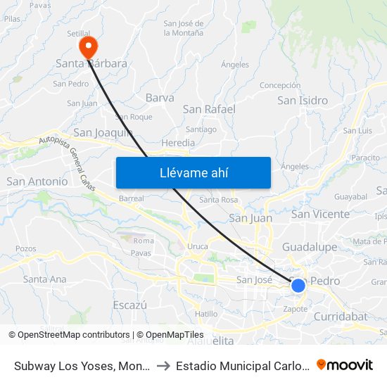 Subway Los Yoses, Montes De Oca to Estadio Municipal Carlos Alvarado map