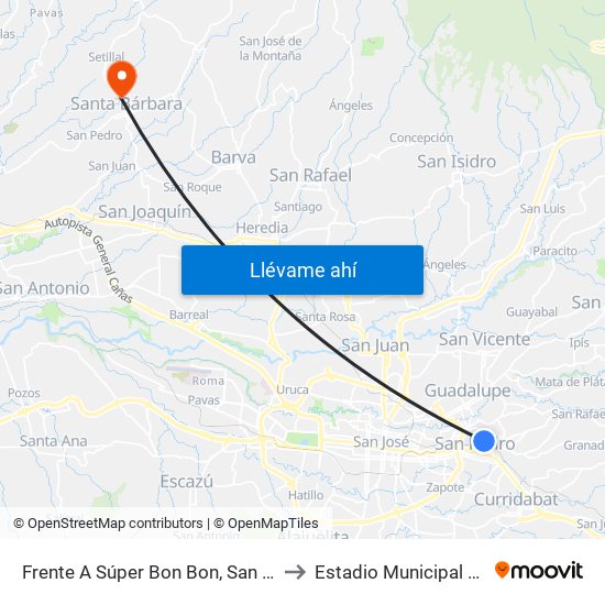 Frente A Súper Bon Bon, San Pedro Montes De Oca to Estadio Municipal Carlos Alvarado map