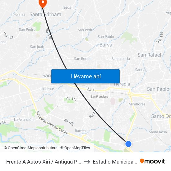 Frente A Autos Xiri / Antigua Peugeot, La Valencia Heredia to Estadio Municipal Carlos Alvarado map