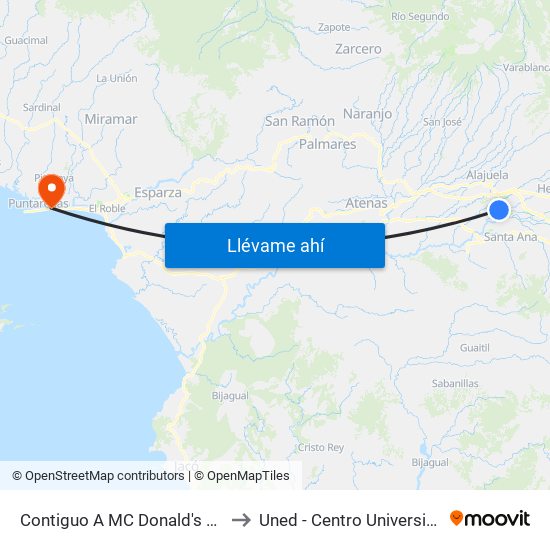 Contiguo A MC Donald's San Antonio, Belén to Uned - Centro Universitario Puntarenas map