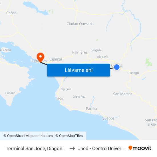 Terminal San José, Diagonal Plazoleta Tiradentes to Uned - Centro Universitario Puntarenas map