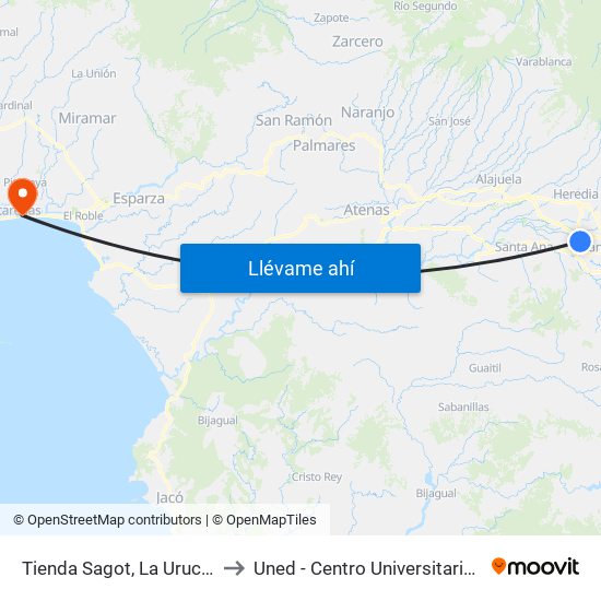 Tienda Sagot, La Uruca San José to Uned - Centro Universitario Puntarenas map