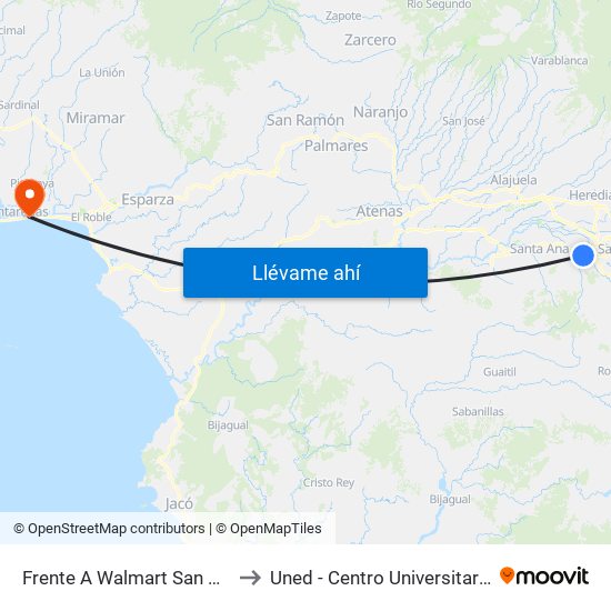 Frente A Walmart San Rafael, Escazú to Uned - Centro Universitario Puntarenas map