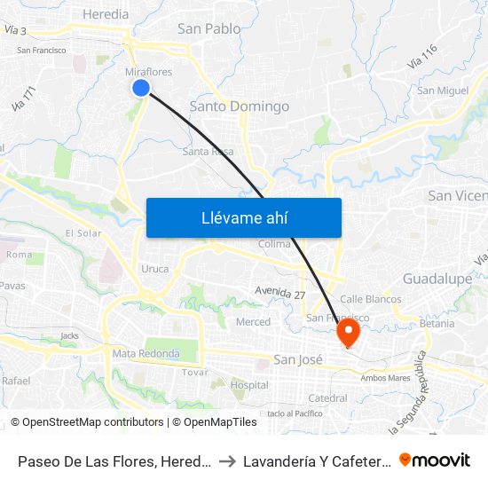 Paseo De Las Flores, Heredia to Lavandería Y Cafetería map