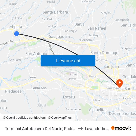 Terminal Autobusera Del Norte, Radial Francisco J. Orlich Alajuela to Lavandería Y Cafetería map