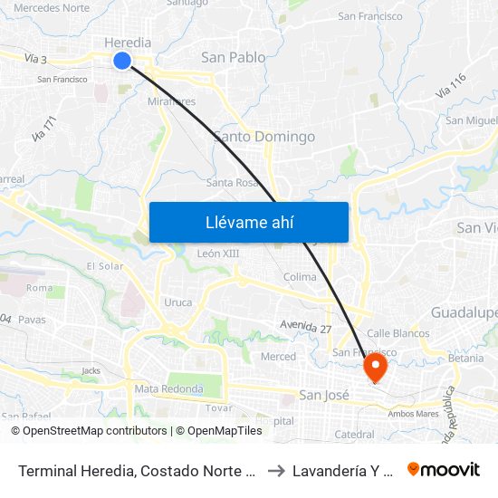 Terminal Heredia, Costado Norte Mercado Heredia to Lavandería Y Cafetería map