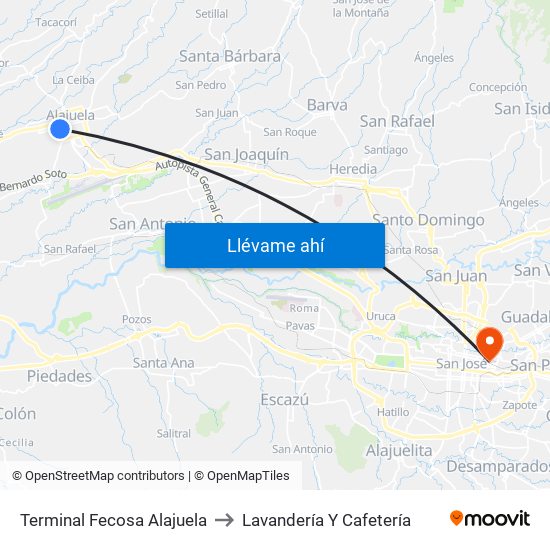 Terminal Fecosa Alajuela to Lavandería Y Cafetería map