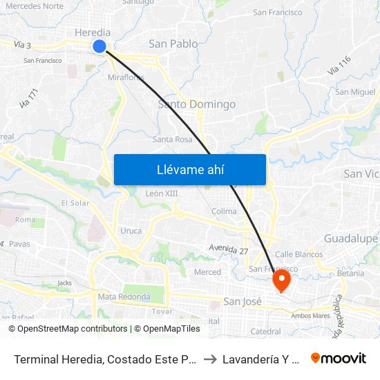 Terminal Heredia, Costado Este Parque El Carmén to Lavandería Y Cafetería map