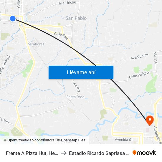 Frente A Pizza Hut, Heredia to Estadio Ricardo Saprissa Aymá map