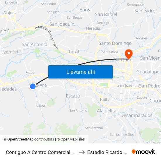 Contiguo A Centro Comercial Santa Ana Town Center to Estadio Ricardo Saprissa Aymá map