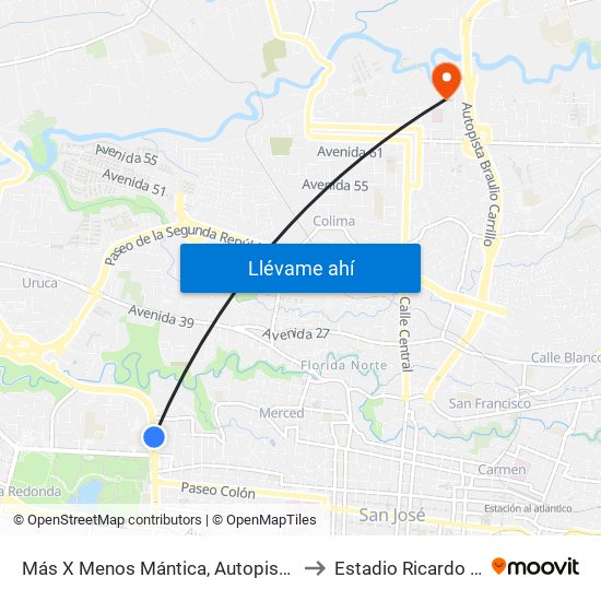 Más X Menos Mántica, Autopista General Cañas San José to Estadio Ricardo Saprissa Aymá map