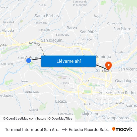 Terminal Intermodal San Antonio De Belén to Estadio Ricardo Saprissa Aymá map