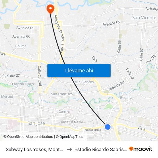 Subway Los Yoses, Montes De Oca to Estadio Ricardo Saprissa Aymá map