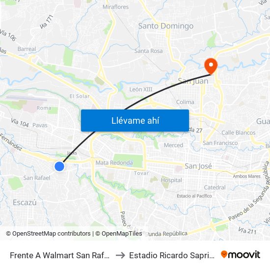 Frente A Walmart San Rafael, Escazú to Estadio Ricardo Saprissa Aymá map