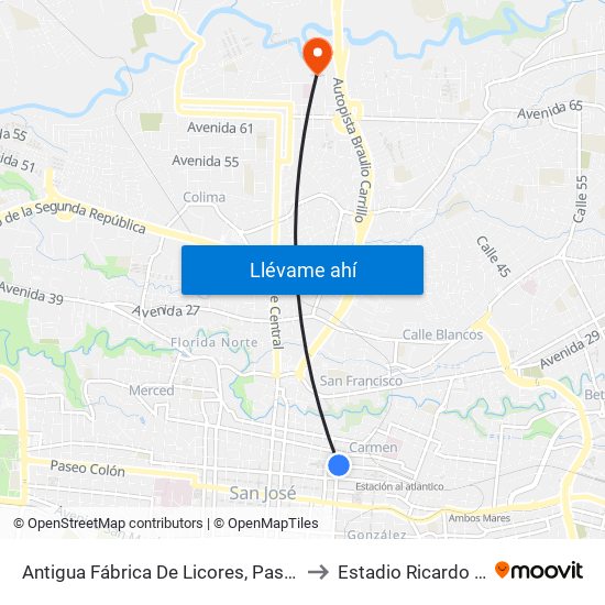 Antigua Fábrica De Licores, Paseo De Las Damas San José to Estadio Ricardo Saprissa Aymá map