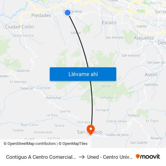 Contiguo A Centro Comercial Santa Ana Town Center to Uned - Centro Universitario Acosta map