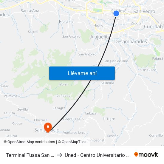 Terminal Tuasa San José to Uned - Centro Universitario Acosta map