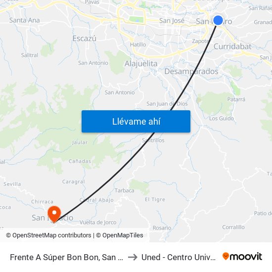 Frente A Súper Bon Bon, San Pedro Montes De Oca to Uned - Centro Universitario Acosta map
