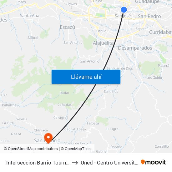 Intersección Barrio Tournon, San José to Uned - Centro Universitario Acosta map