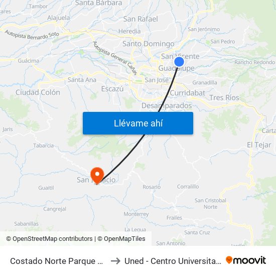 Costado Norte Parque De Moravia to Uned - Centro Universitario Acosta map