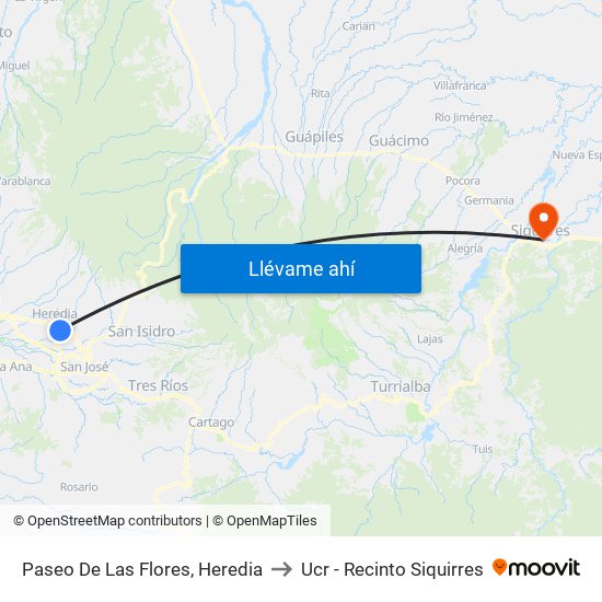 Paseo De Las Flores, Heredia to Ucr - Recinto Siquirres map