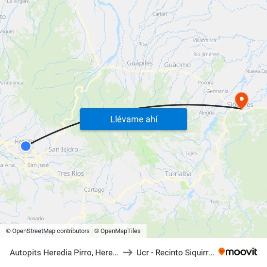 Autopits Heredia Pirro, Heredia to Ucr - Recinto Siquirres map