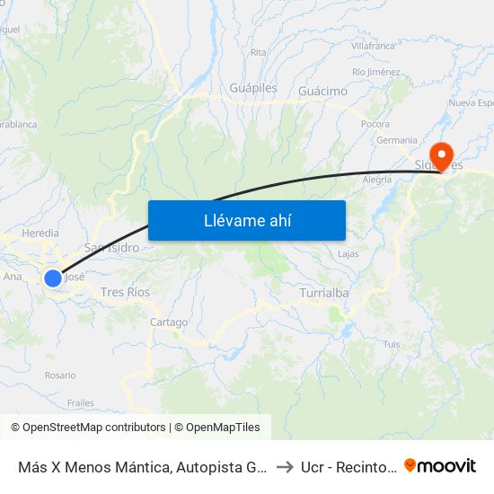 Más X Menos Mántica, Autopista General Cañas San José to Ucr - Recinto Siquirres map