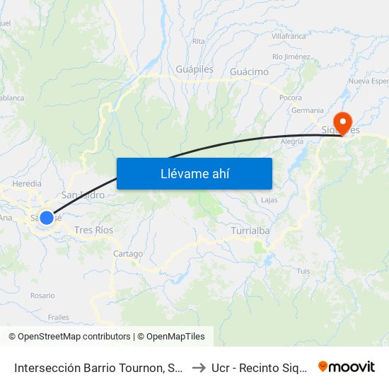 Intersección Barrio Tournon, San José to Ucr - Recinto Siquirres map