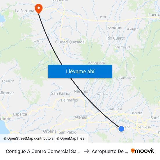 Contiguo A Centro Comercial Santa Ana Town Center to Aeropuerto De La Fortuna map