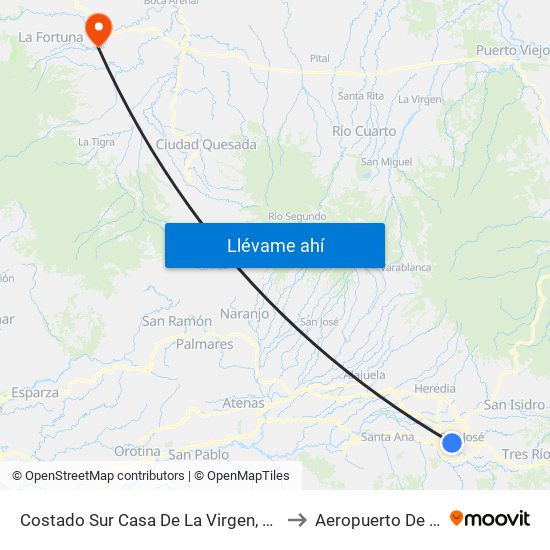 Costado Sur Casa De La Virgen, San Bosco San José to Aeropuerto De La Fortuna map