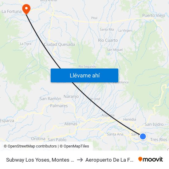 Subway Los Yoses, Montes De Oca to Aeropuerto De La Fortuna map