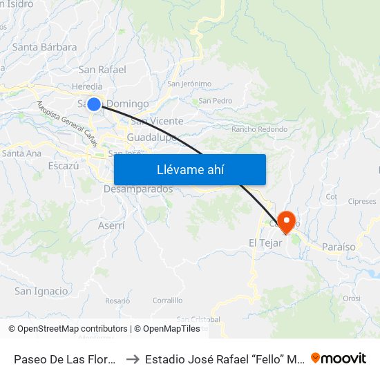 Paseo De Las Flores, Heredia to Estadio José Rafael “Fello” Meza Ivancovich map