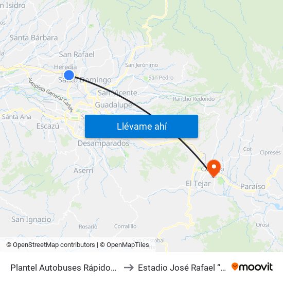 Plantel Autobuses Rápidos Heredianos, Pirro Heredia to Estadio José Rafael “Fello” Meza Ivancovich map