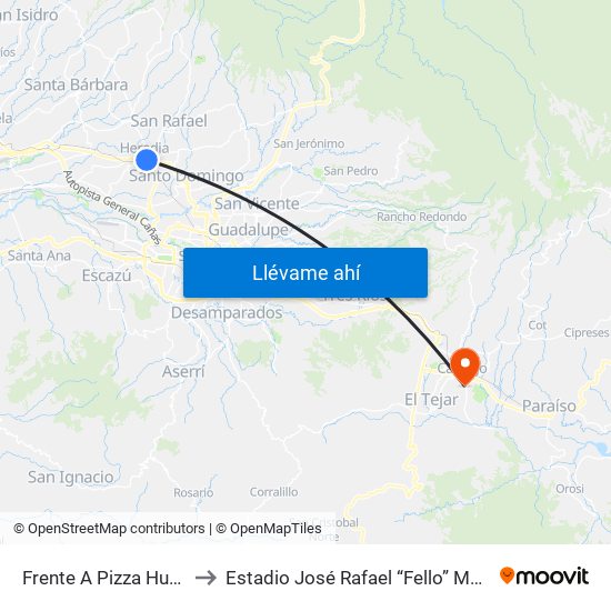 Frente A Pizza Hut, Heredia to Estadio José Rafael “Fello” Meza Ivancovich map