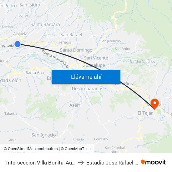 Intersección Villa Bonita, Autopista Bernardo Soto Alajuela to Estadio José Rafael “Fello” Meza Ivancovich map