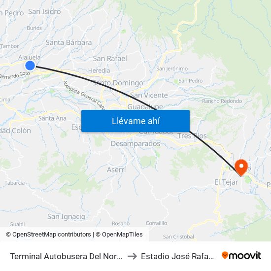 Terminal Autobusera Del Norte, Radial Francisco J. Orlich Alajuela to Estadio José Rafael “Fello” Meza Ivancovich map