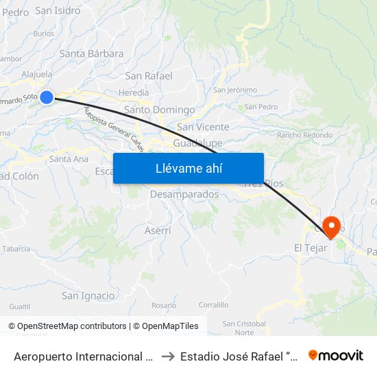 Aeropuerto Internacional Juan Santamaría, Alajuela to Estadio José Rafael “Fello” Meza Ivancovich map
