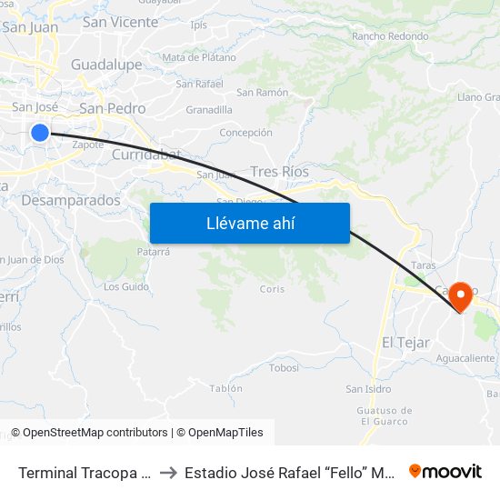 Terminal Tracopa San José to Estadio José Rafael “Fello” Meza Ivancovich map