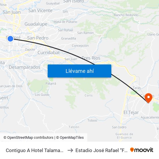 Contiguo A Hotel Talamanca, La Merced San José to Estadio José Rafael “Fello” Meza Ivancovich map