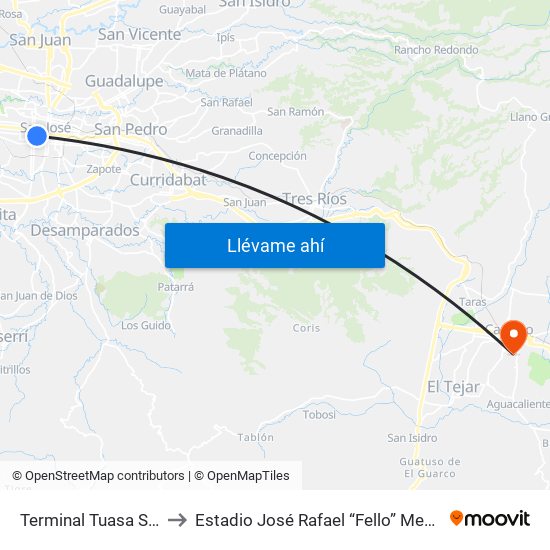 Terminal Tuasa San José to Estadio José Rafael “Fello” Meza Ivancovich map