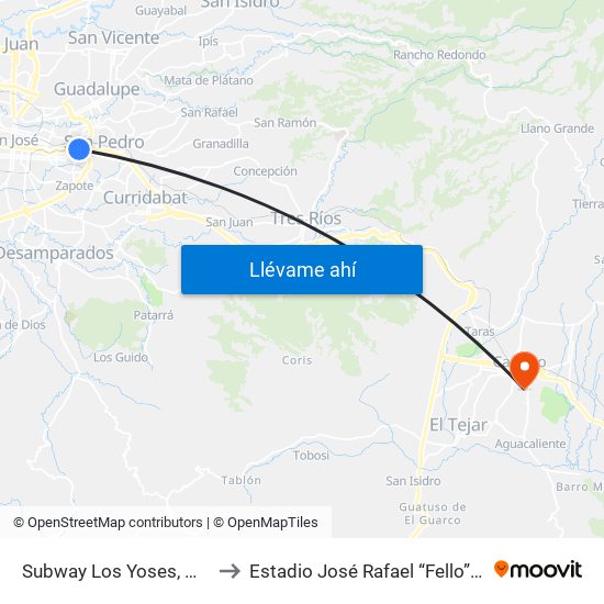 Subway Los Yoses, Montes De Oca to Estadio José Rafael “Fello” Meza Ivancovich map