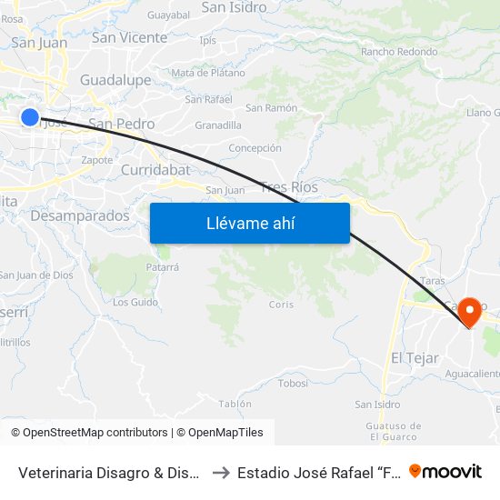 Veterinaria Disagro & Disavet, Coca Cola San José to Estadio José Rafael “Fello” Meza Ivancovich map