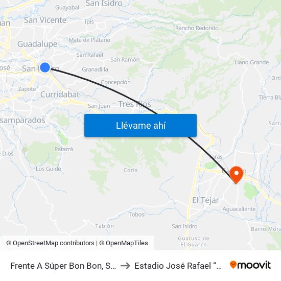 Frente A Súper Bon Bon, San Pedro Montes De Oca to Estadio José Rafael “Fello” Meza Ivancovich map